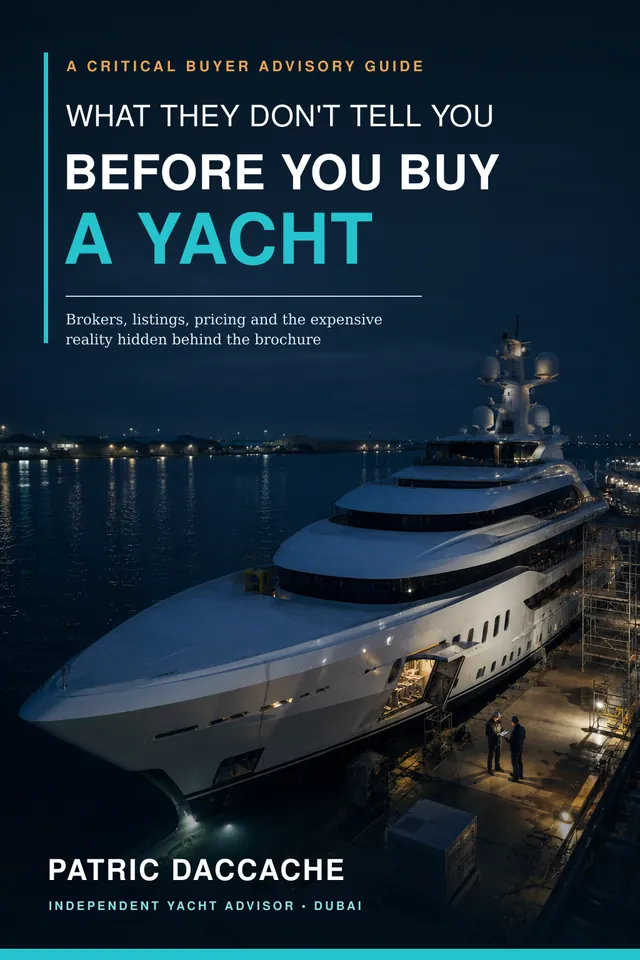 Book cover: What They Don't Tell You Before You Buy a Yacht by Patric Daccache, showing a superyacht in a shipyard at night.