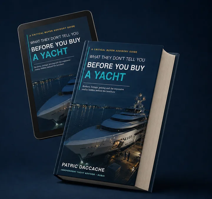What They Don't Tell You Before You Buy a Yacht shown as a thick hardcover book and on an e-reader.