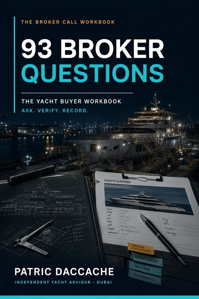 Cover of the 93 Broker Questions Yacht Buyer Workbook by Patric Daccache